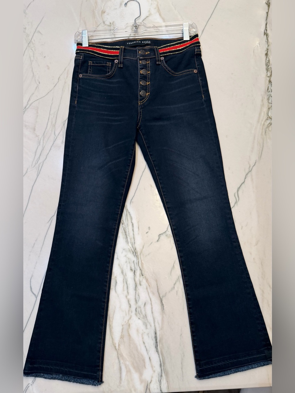 Veronica Beard Navy Flare Jeans with Red-Striped Waistband